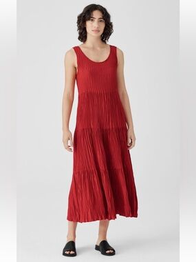 Eileen Fisher Crushed Silk Tiered Dress Sz XXS Flame Scoop Neck Full Length NWT
